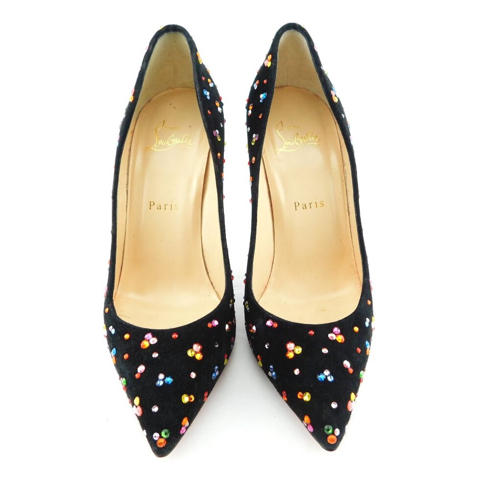 CHRISTIAN LOUBOUTIN Multicolor Strass Crystal Black Suede Heel Pumps 37.5
